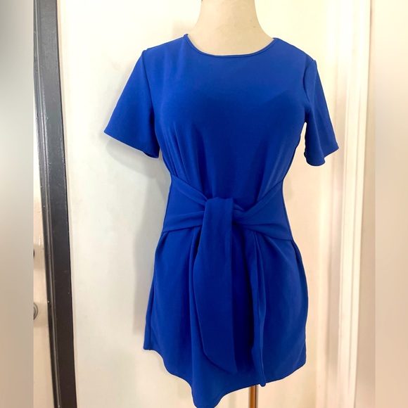 Womens Short Sleeve Electric Solid Blue Casual Round Neck Tie Knot Front Dress - Picture 8 of 9